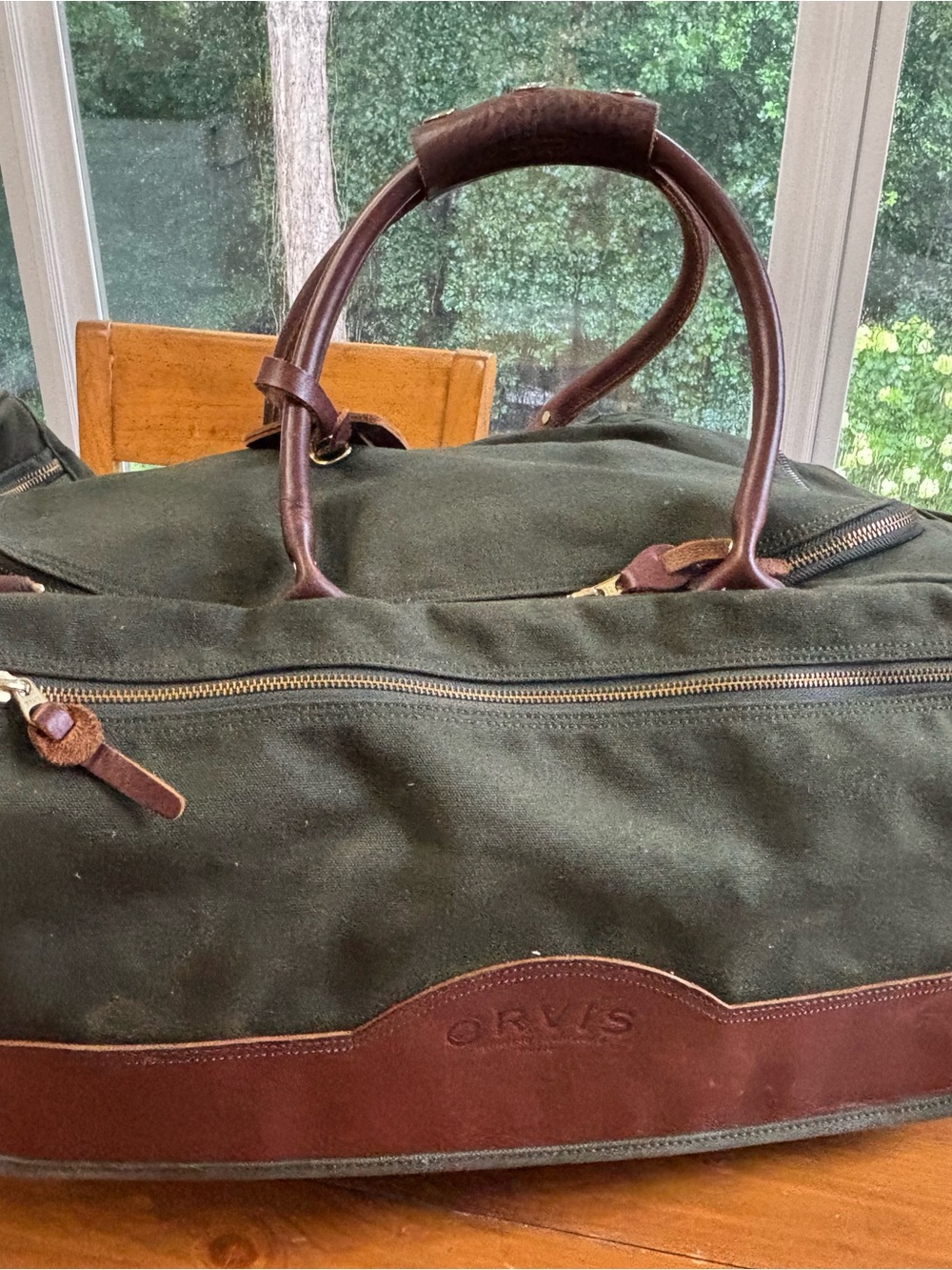 Orvis Olive Green Canvas Duffel with Brown Leather Trim
